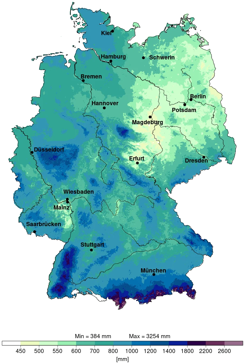 DWD climate atlas: average annual precipitation across Germany, 1971–2000