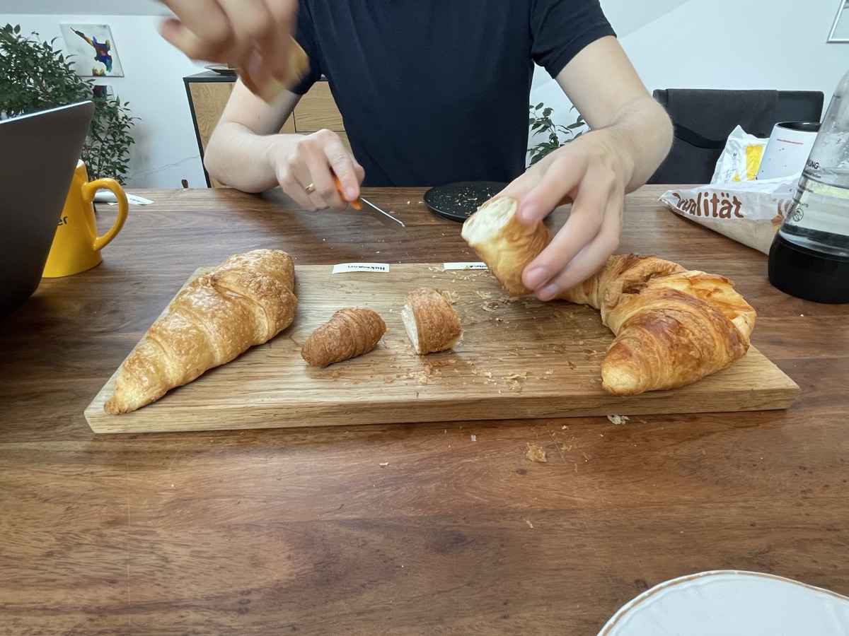 Slicing croissants during the blind tasting